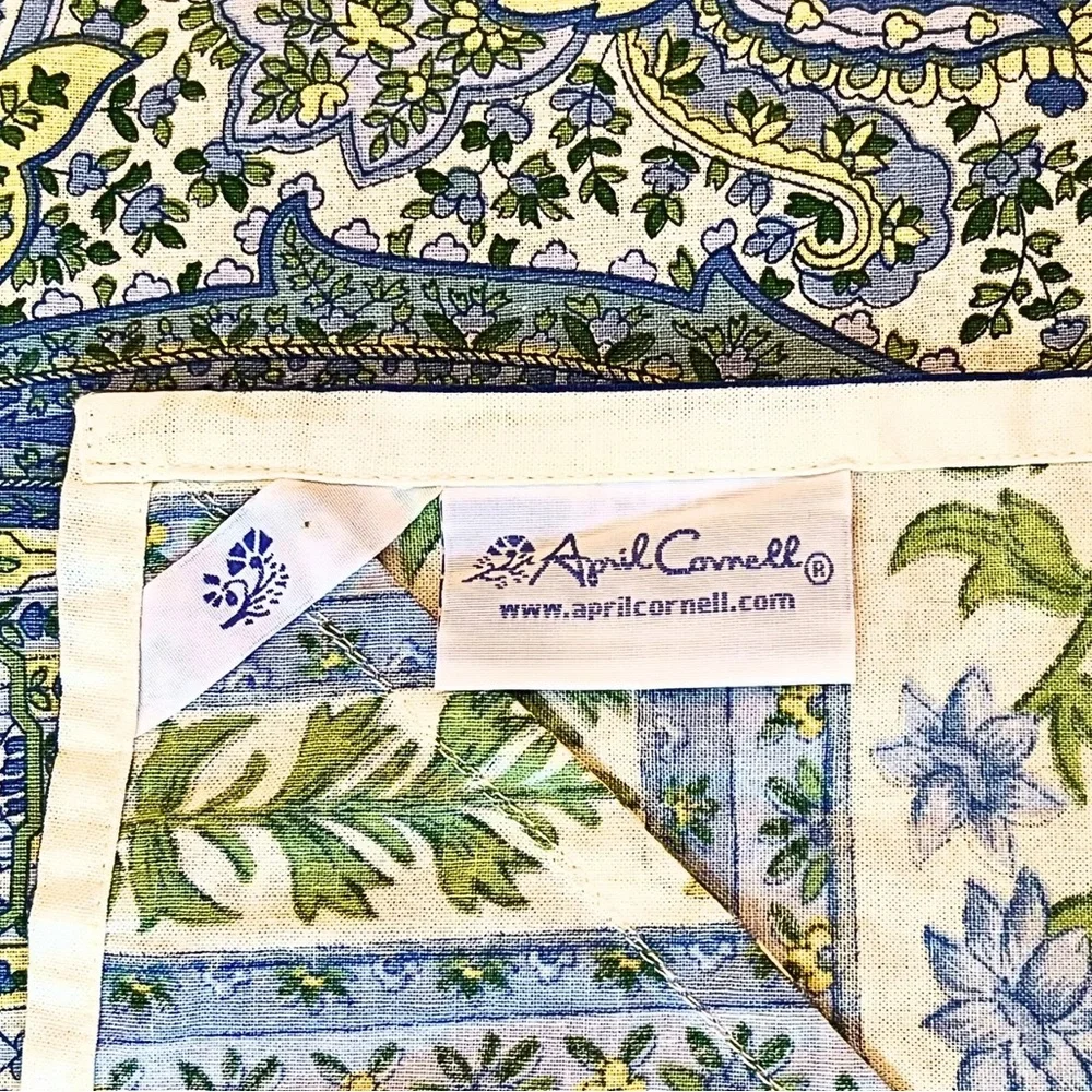 Huge 116x56 Extra Long Blue Yellow White Paisley Floral Cotton Tablecloth - XL